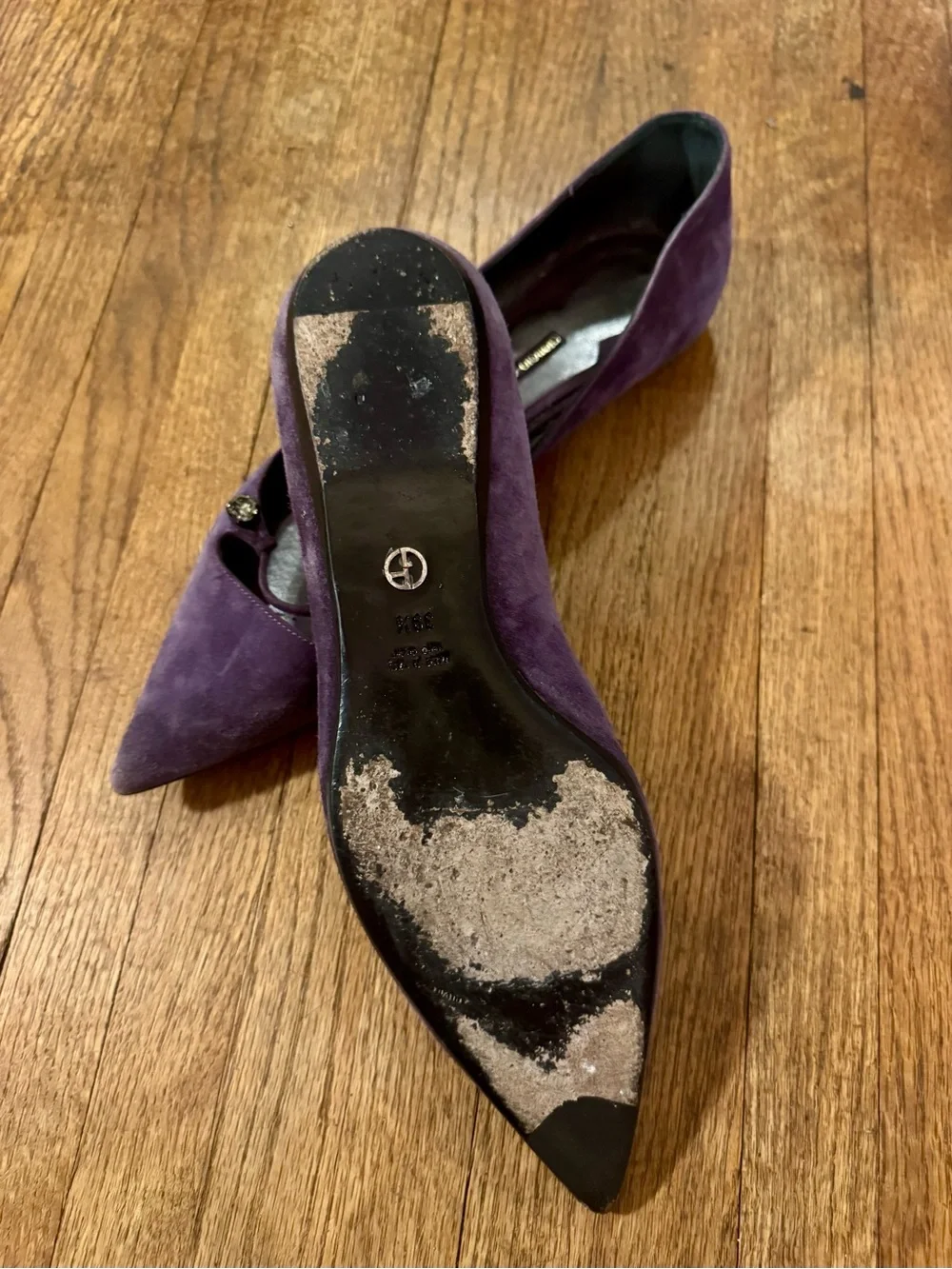 Giorgio Armani Deep Purple Suede Pointed-Toe Flats with Crystal Accent - 39.5